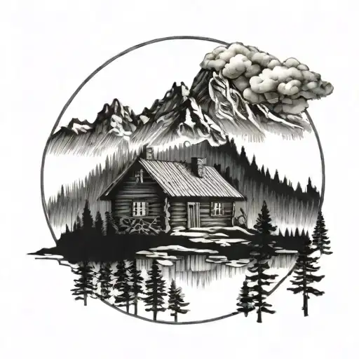 A Detailed Blackwork Tattoo Of A Majestic Mountain Landscape With A Log Cabin Nestled In The Woods