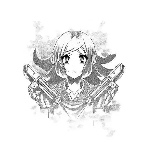 A Blackwork Tattoo Of An Airsoft Gun With An Anime Girl's Face As The Grip