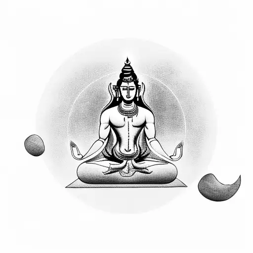 A Blackwork Tattoo Of Lord Shiva Meditating In A Serene Mountain Setting