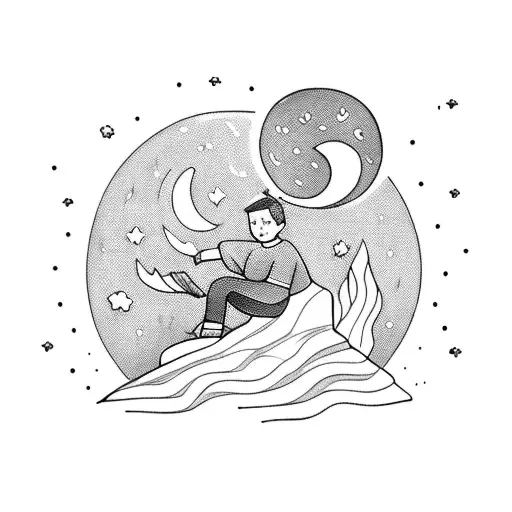 A Boy Sitting Next To A Campfire With A Moon In The Background