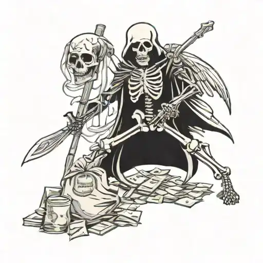 A Skeleton Holding A Bag Of Money With A Grim Reaper In The Background