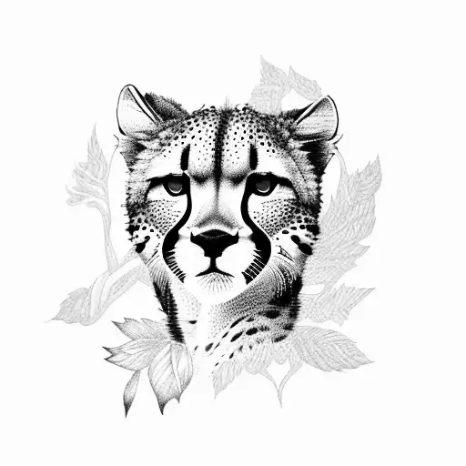 A Majestic Blackwork Tattoo Of A Running Cheetah Surrounded By Lush Nature