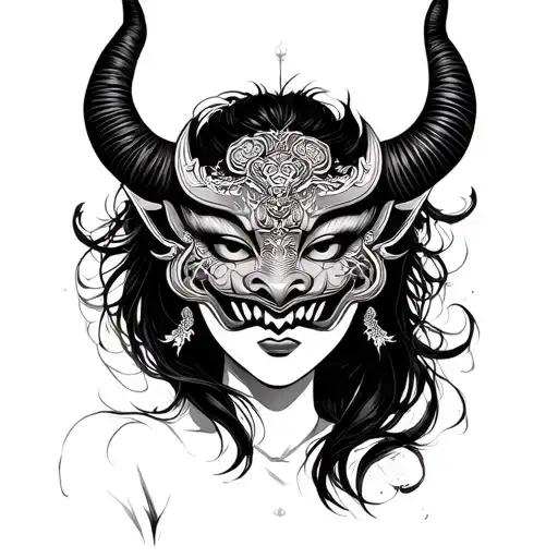 Asian Woman Face With An Oni Mask In The Middle Face