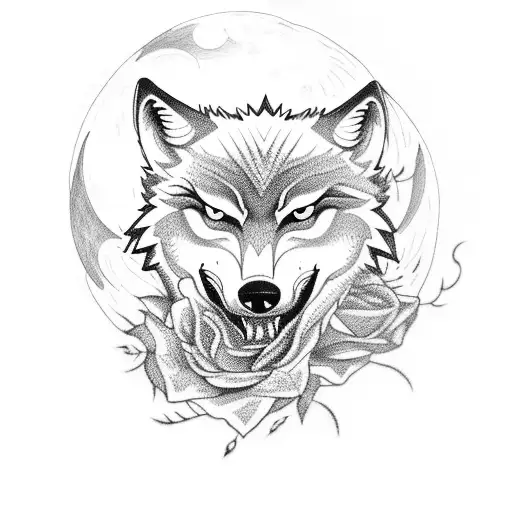 A Wolf Howling At A Rose-shaped Moon