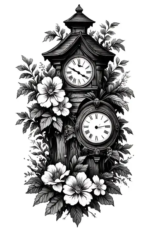 Outdoor Forrestt With Clock And Flowers