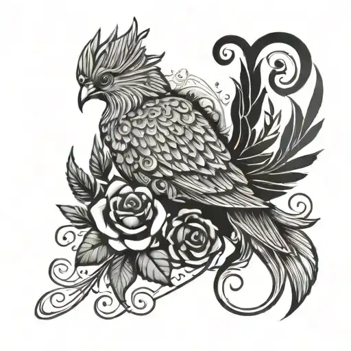 Light Phoenix With A Rose And Fine And Delicate Floral Ornaments And Some Geometric Elements