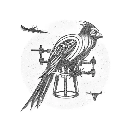 An Eerie Mechanical Crow Perched On A Twisted Industrial Cross In A Blackwork Style