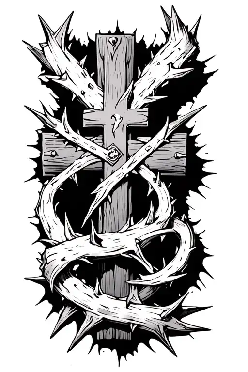 Rugged Cross With Thorns Wrapping Around The Cross