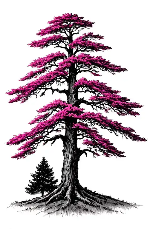 Tall Pine Tree With 2 Redbud Trees Behind It