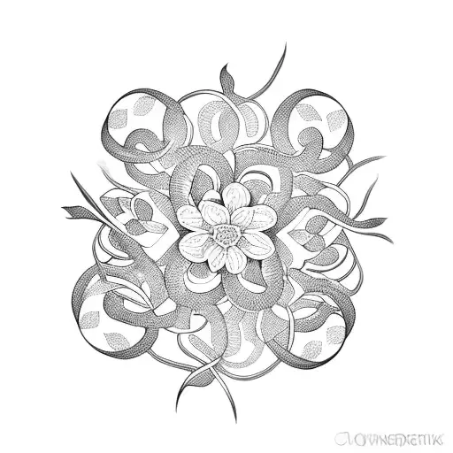 A Blackwork Tattoo Of A Flower Vine Intertwined With Ornamental Patterns