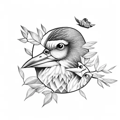 1 Big Bird And 4 Small Birds On A Branch And 1 Big Bird Flying