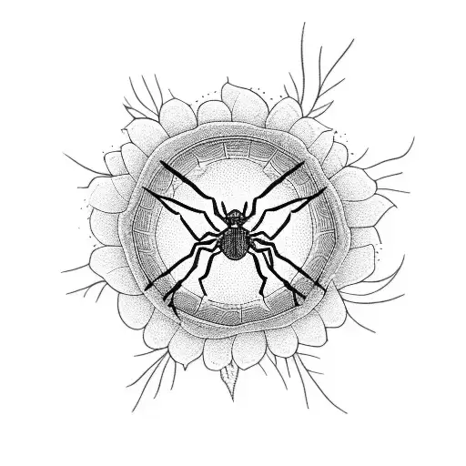 A Blackwork Tattoo Of A Spider Crawling Through A Field Of Flowers