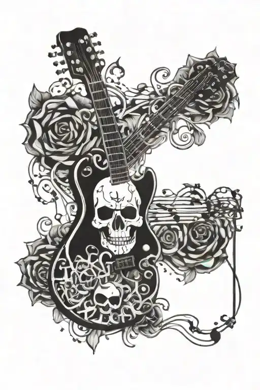 An Electric Guitar Surrounded By Musical Notes And A Skull In The Background