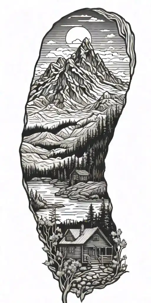 A Detailed Blackwork Tattoo Of A Majestic Mountain Landscape With A Log Cabin Nestled In The Woods