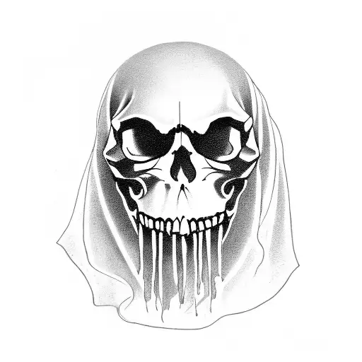 Ghost Under Sheet Next To Grim Reaper With Scythe And Only A Skull For The Face