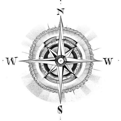 A Compass Rose With Waves And A Sunset