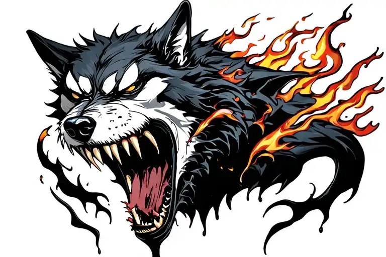 Wolf Baring It's Fangs As Venom Drips From The Fangs With Flames Behind