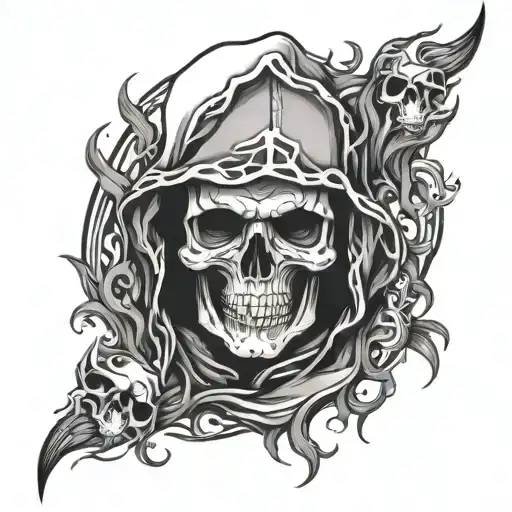 Skull Wearing Hood And Gray Flame Around