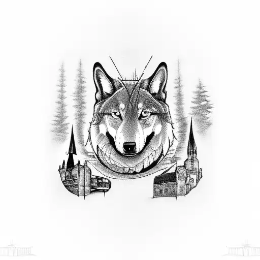 A Blackwork Tattoo Of The Hogwarts Express Train With A Wolf Running Alongside The Tracks