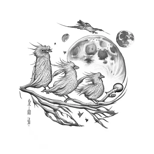 1 Big Bird And 4 Small Birds On A Branch And 1 Big Bird Flying To The Moon