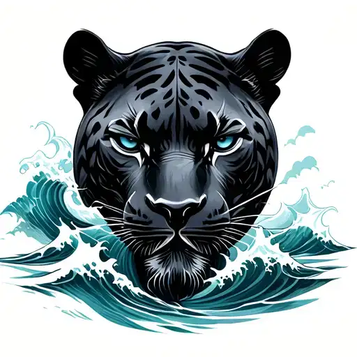 Calm Black Panther Head With Ocean Waves Crashing