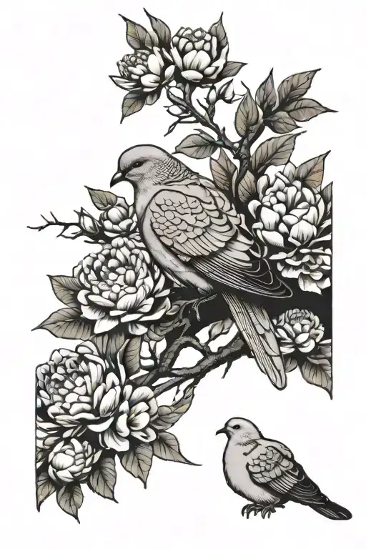 One Mourning Dove Sitting One Tree Branch With Peony Flowers Around It