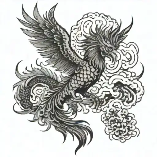 Japanese Fire Phoenix With Dragon And Oni Mask