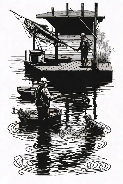 2 Sihlouettes Fishing At A Dock Extending Into Water