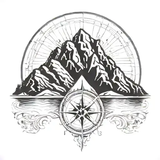 A Mountain Range Silhouette With A Compass Rose Integrated Into The Design