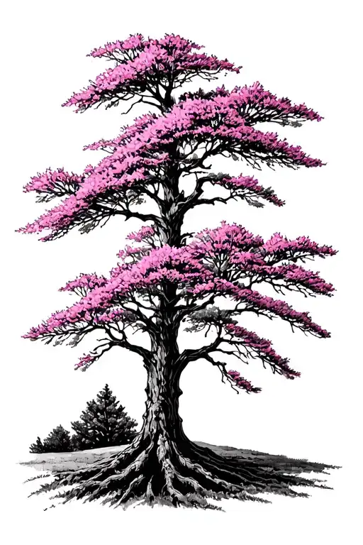 Tall Pine Tree With 2 Redbud Trees Behind It