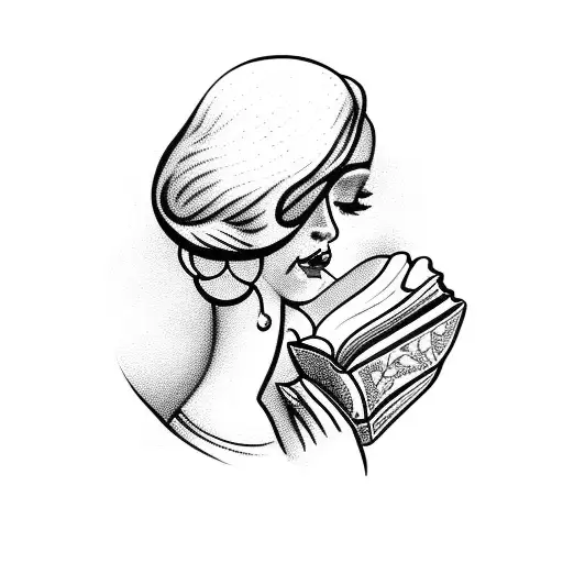 Vintage Lady Profile Reading An Opened Book Surrounded By Bold Floral Frame