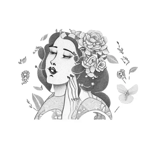 Vintage Lady Reading Opened Books Surrounded By Bold Floral Frame