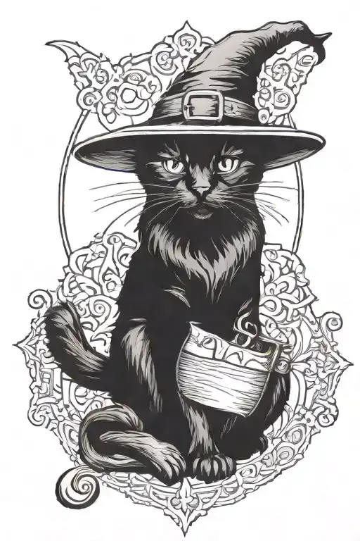 Sitting Black Cat In A Witch Hat