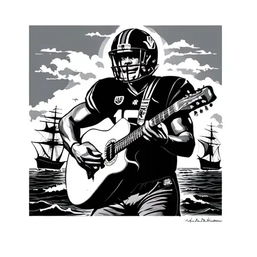 A Football Player Playing A Guitar With A Ship Sailing In The Background