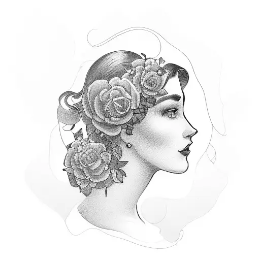 Vintage Lady Profile With An Opened Book Surrounded By Florals