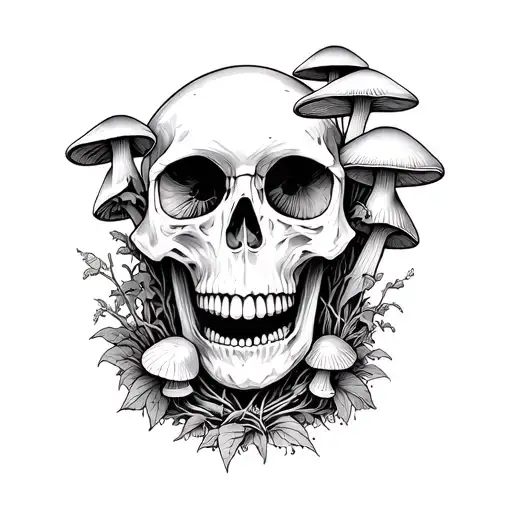 Skull With Assorted Mushrooms Growin In And Around It