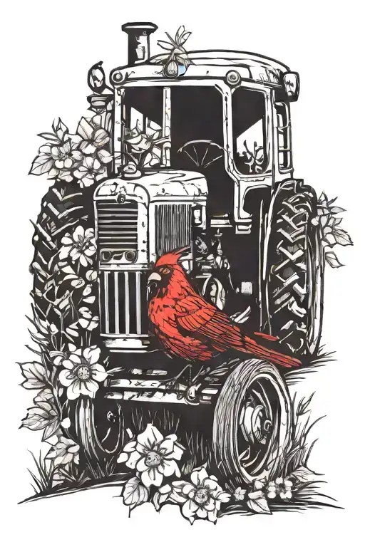 Old Tractor With Red Bird And Flowers Intertwined