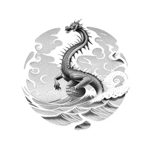 A Majestic Dragon Riding A Wave