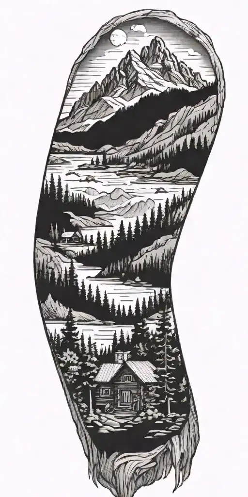A Detailed Blackwork Tattoo Of A Majestic Mountain Landscape With A Log Cabin Nestled In The Woods