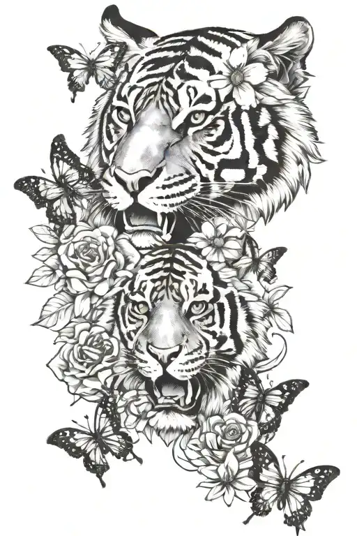 Tiger Face And Flowers And Butterflies