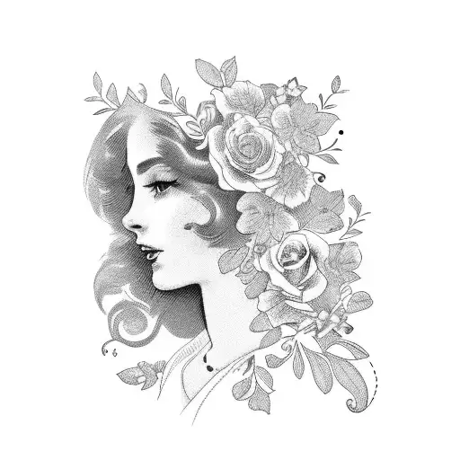 Vintage Floral Lady Profile Reading An Opened Book Surrounded By Bold Floral Frame