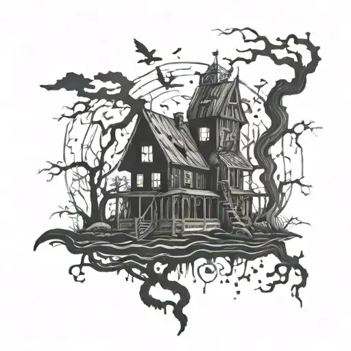 A Haunted House Surrounded By A Spooky Swamp With Voodoo Symbols Incorporated Into The Design