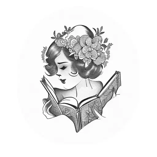 Vintage Lady Reading Opened Books Surrounded By Bold Floral Frame