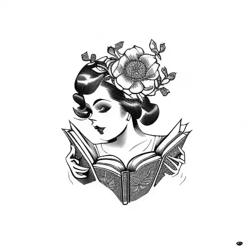 Vintage Lady Reading Opened Books Surrounded By Bold Floral Frame