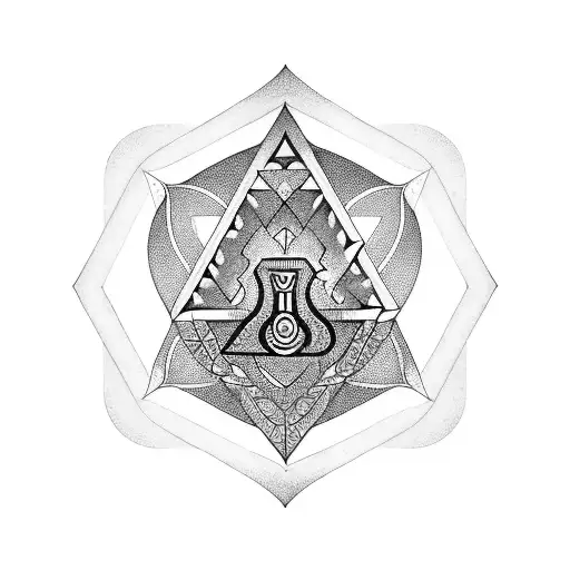 A Blackwork Tattoo Showcasing A Stylized Om Symbol Inside A Geometric Triangle