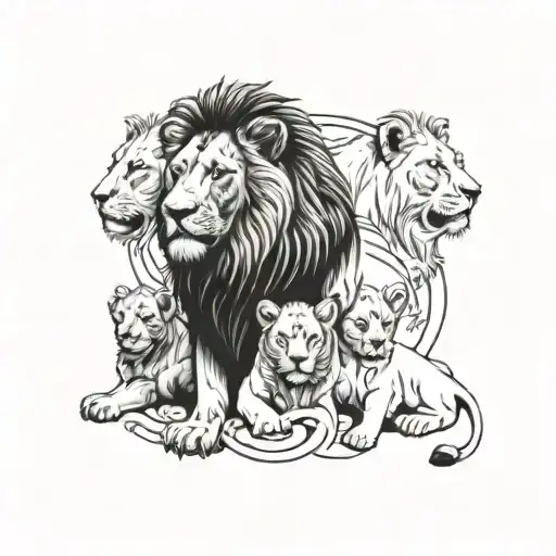 A Male And Female Lion With Two Female Cubs And The Letters E A S T