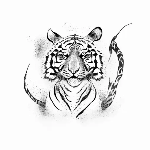 A Tiger Surrounded By Japanese Calligraphy Representing The Word 'Strength'