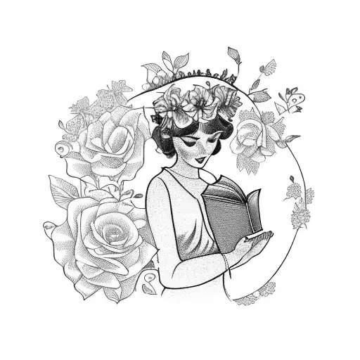 Vintage Lady Wearing Flower Crown And Reading Opened Books Surrounded By Florals