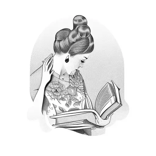 Vintage Lady Reading Opened Books Surrounded By Bold Floral Frame