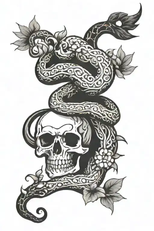 Skull Snake Coiled Flowers Sun And Moon Surrounded